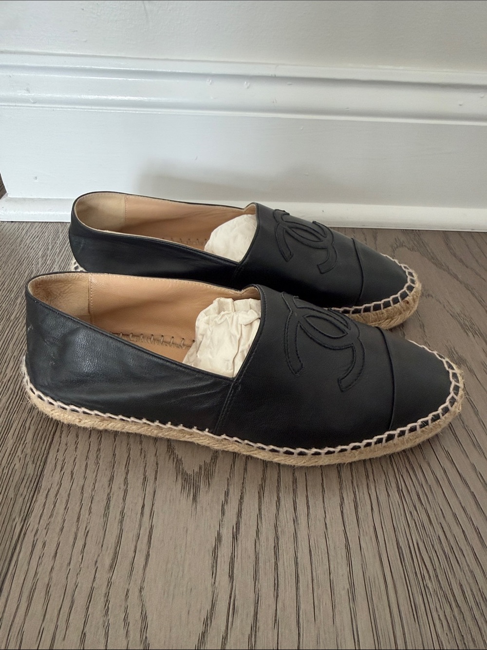 Chanel Black Leather Espadrille Slip-Ons with Logo Detail - Picture 3 of 4